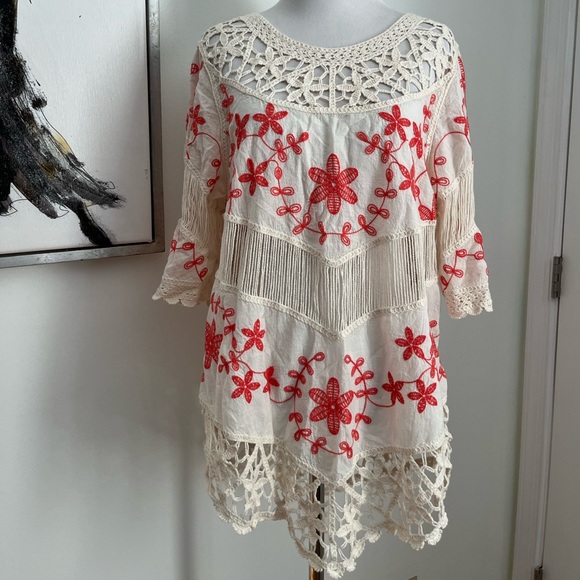 Oliver Tops - Oliver Orange & Ivory Embroidered Crochet Boho Top Size Small